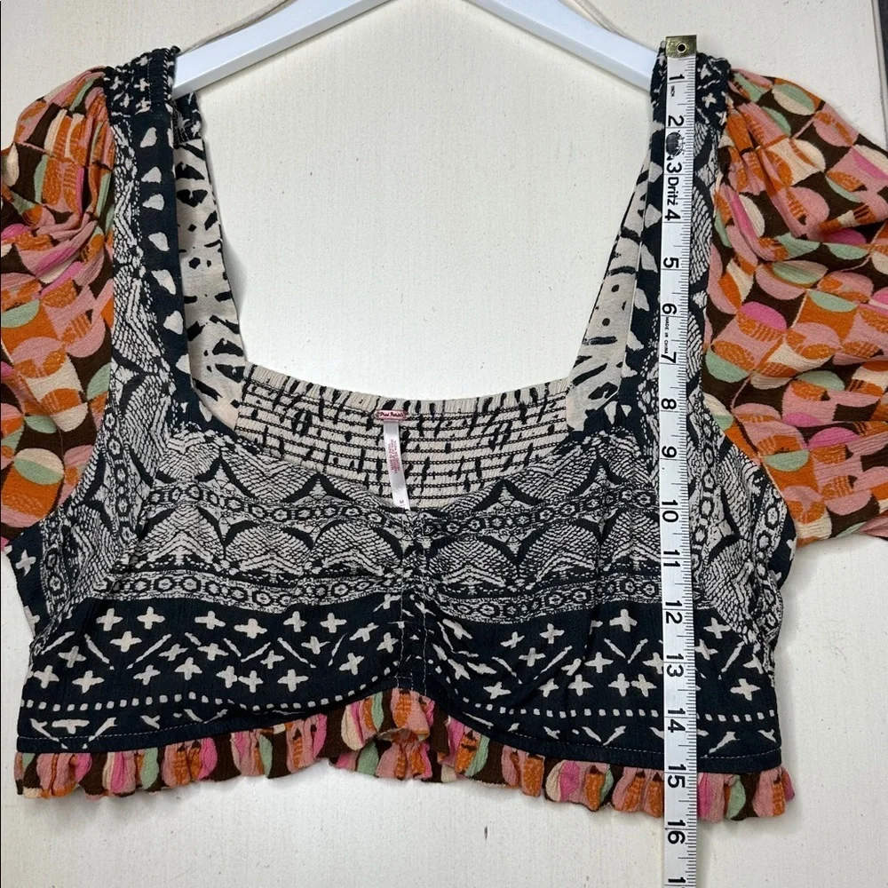 Free People Naomi Printed Smocked‎ Puff Sleeve Boho Endless Summer Cropped Top M